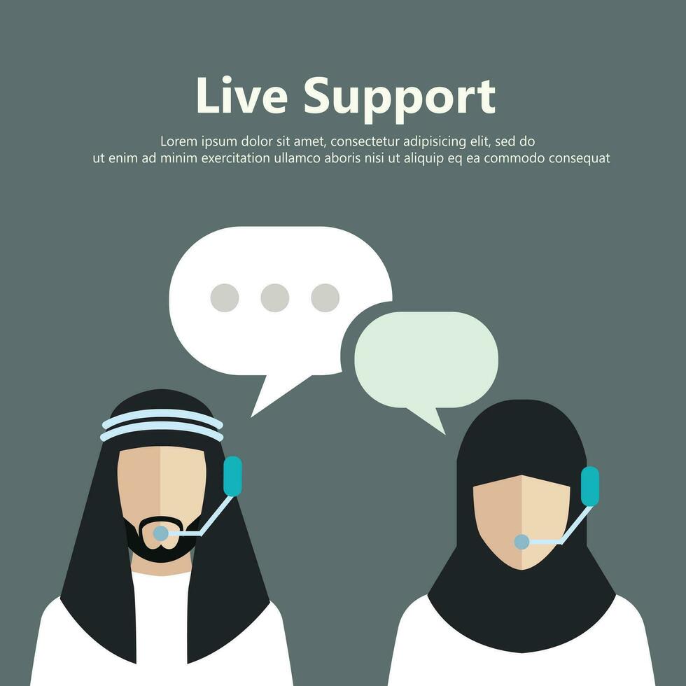 bedrijf klant zorg onderhoud. vlak vector. contact ons en ondersteuning ontwerp voor web elementen. vector illustratie. moslim Mens en vrouw.