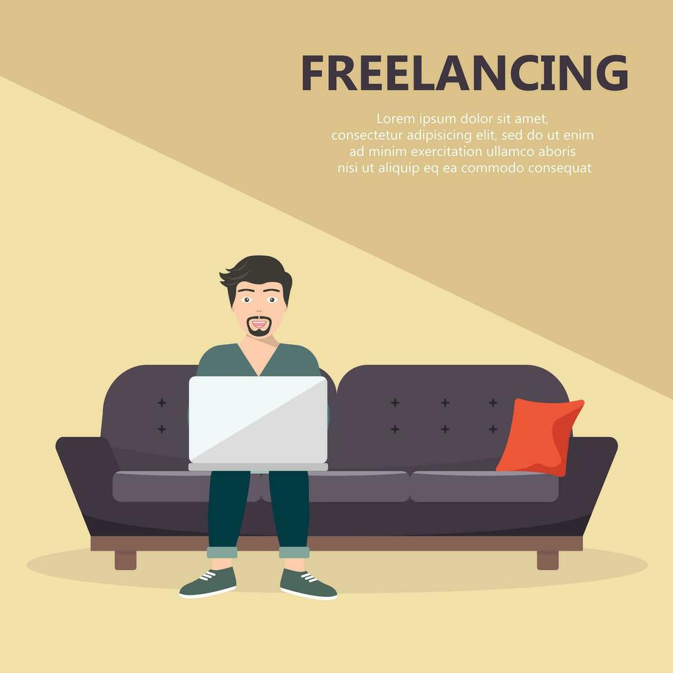 freelance arbeider zittend Aan sofa met ronde top. werkplaats concept. vlak vector illustratie.