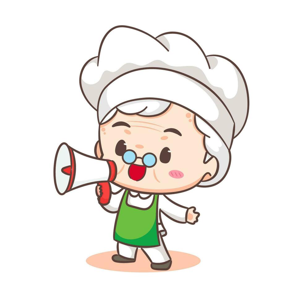 schattig grootmoeder chef tekenfilm Holding megafoon. grootmoeder Koken logo vector kunst. mensen voedsel icoon concept. restaurant en eigengemaakt culinaire logo