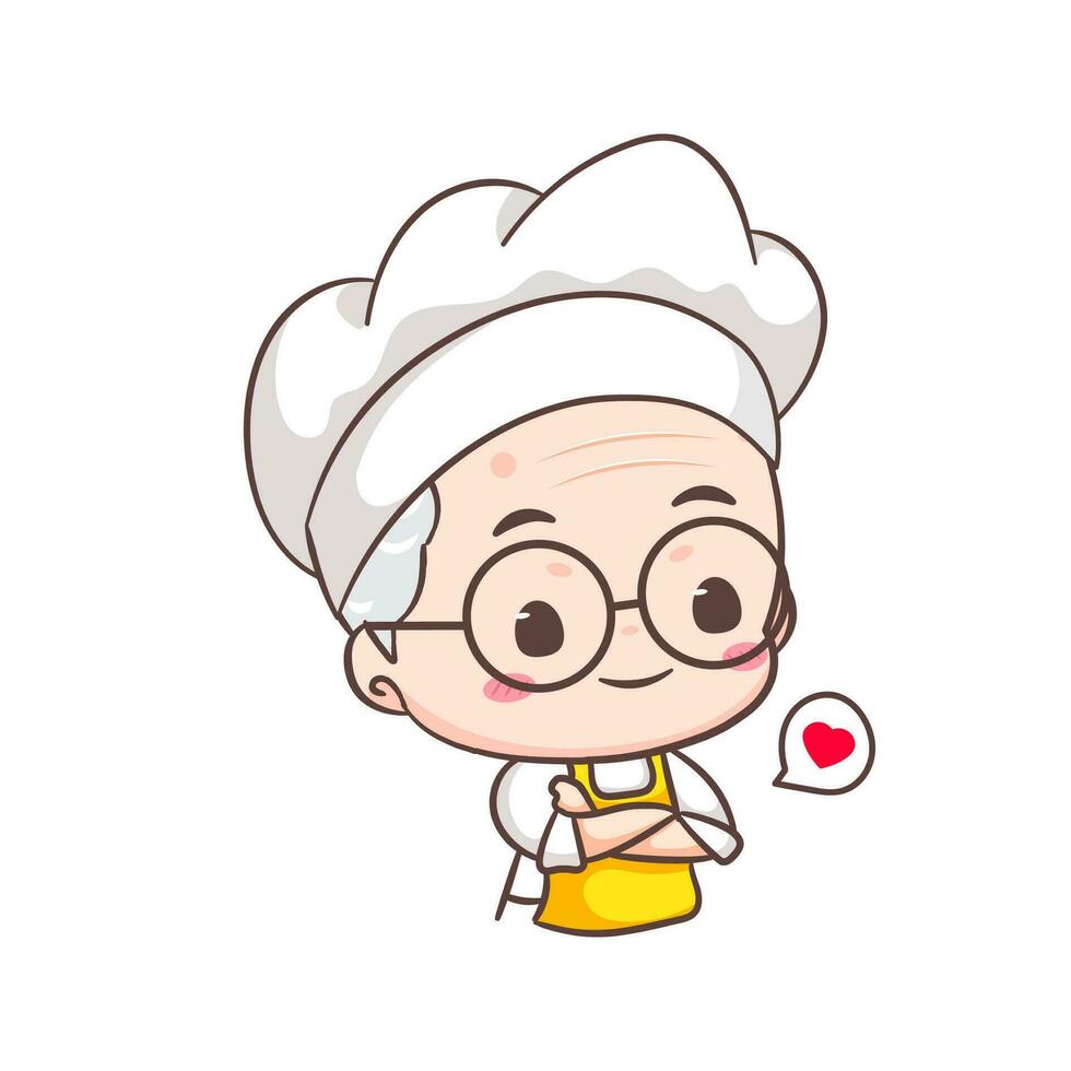 schattig opa chef tekenfilm gekruiste arm. opa Koken logo vector kunst. mensen voedsel icoon concept. restaurant en eigengemaakt culinaire logo