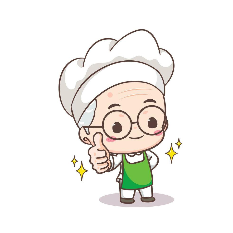 schattig opa chef tekenfilm tonen duim omhoog. opa Koken logo vector kunst. mensen voedsel icoon concept. restaurant en eigengemaakt culinaire logo