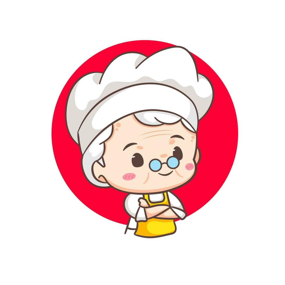 schattig grootmoeder chef tekenfilm. grootmoeder Koken logo vector kunst. mensen voedsel icoon concept. restaurant en eigengemaakt culinaire logo