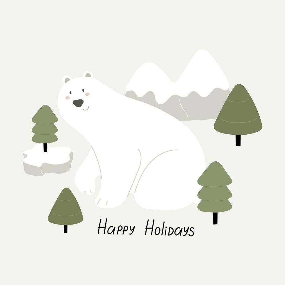 gelukkig vakantie. tekenfilm polair beer, hand- tekening belettering. vakantie thema. kleurrijk vector illustratie, vlak stijl. ontwerp voor groet kaarten, afdrukken, poster