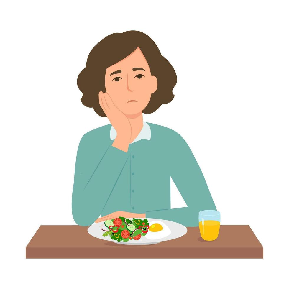 vrouw lijdt van gebrek van trek. meisje is niet hongerig. vrouw niet in staat naar eten. anorexia, aan het eten wanorde.vector illustratie vector