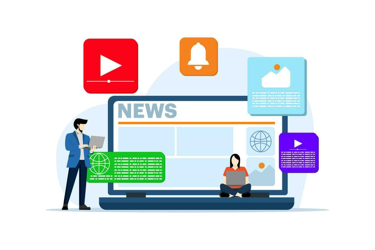 online nieuws mobiel app concept, online nieuws Lidwoord, nieuws web bladzijde, online massa media Aan laptop scherm, internet bulletin. vlak vector illustratie Aan wit achtergrond.