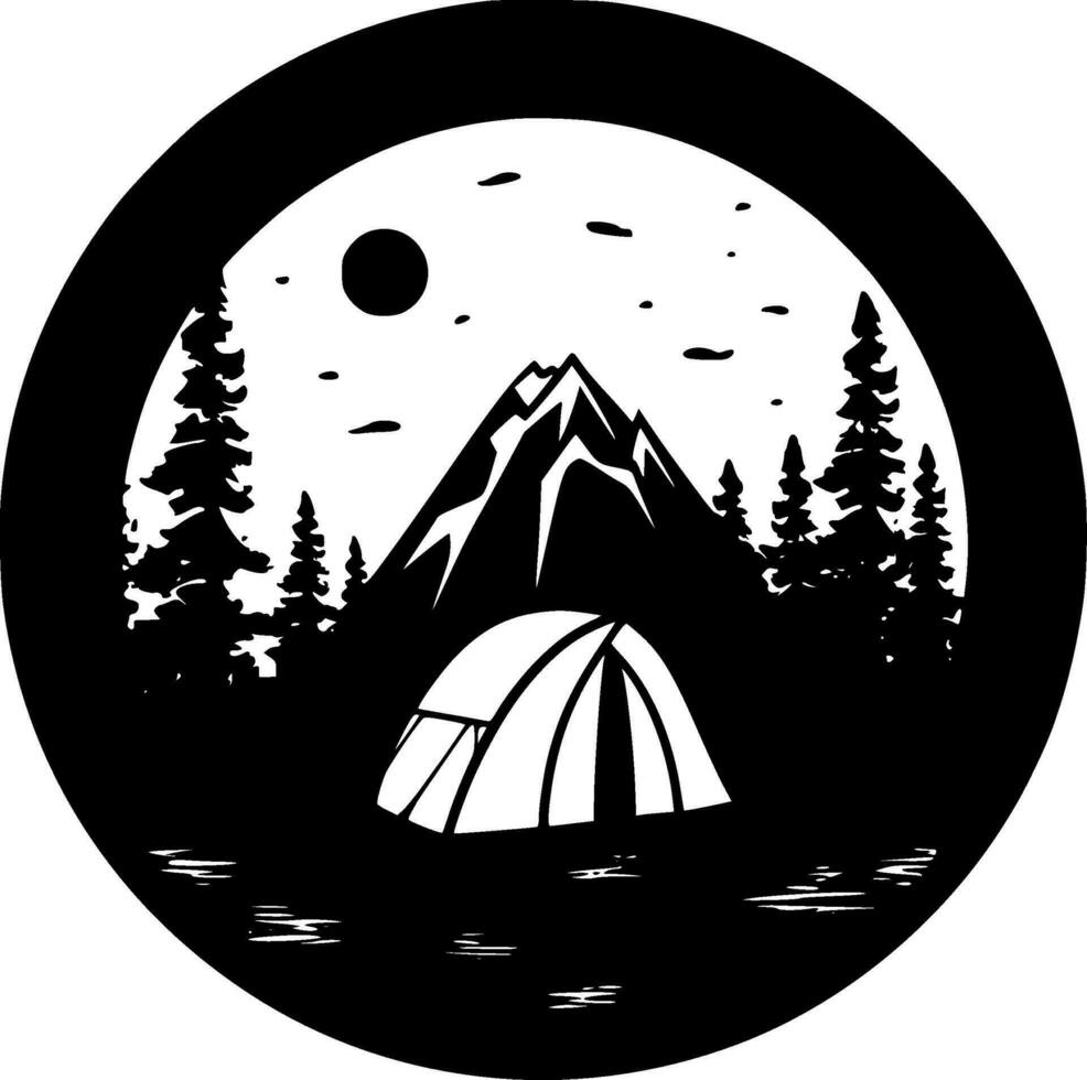 camping - zwart en wit geïsoleerd icoon - vector illustratie