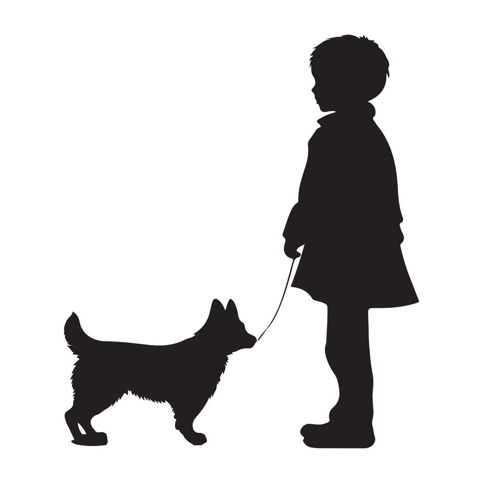 jongen met hond zwart silhouet vactor vector