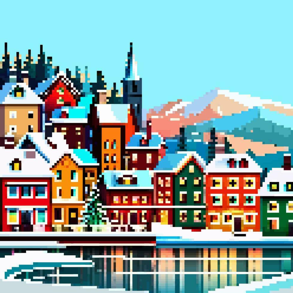 winter dorp landschap vrolijk Kerstmis groet kaart vector 8 bit pixel kunst illustratie. besneeuwd nacht in knus stad- stad panorama