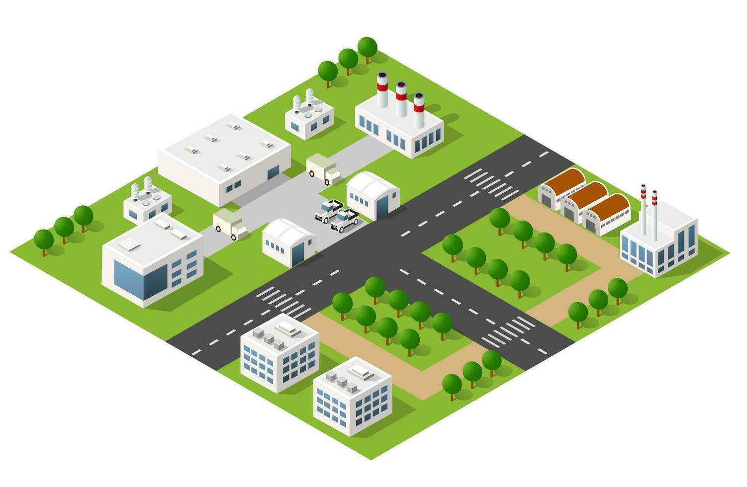 isometrische 3d stad module industrieel stedelijk fabriek welke omvat gebouwen, macht planten, verwarming gas, magazijn. vector