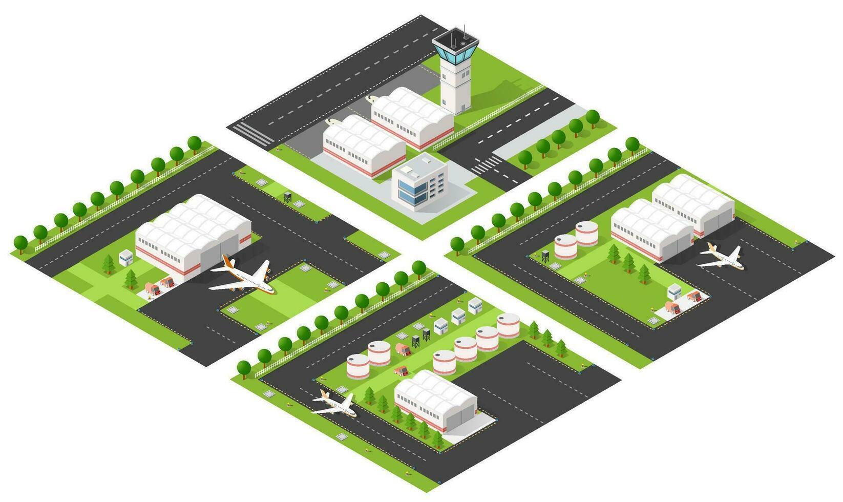 de stad luchthaven, de bomen en de vlucht van bouw en gebouw, terminal, vliegtuigen en auto's vector illustratie