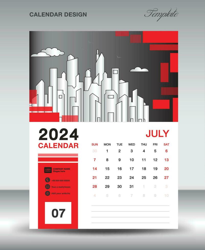 kalender 2024 ontwerp sjabloon- juli 2024 jaar lay-out, verticaal kalender ontwerp, bureau kalender sjabloon, muur kalender 2024 sjabloon, planner, week begint Aan zondag, rood vector