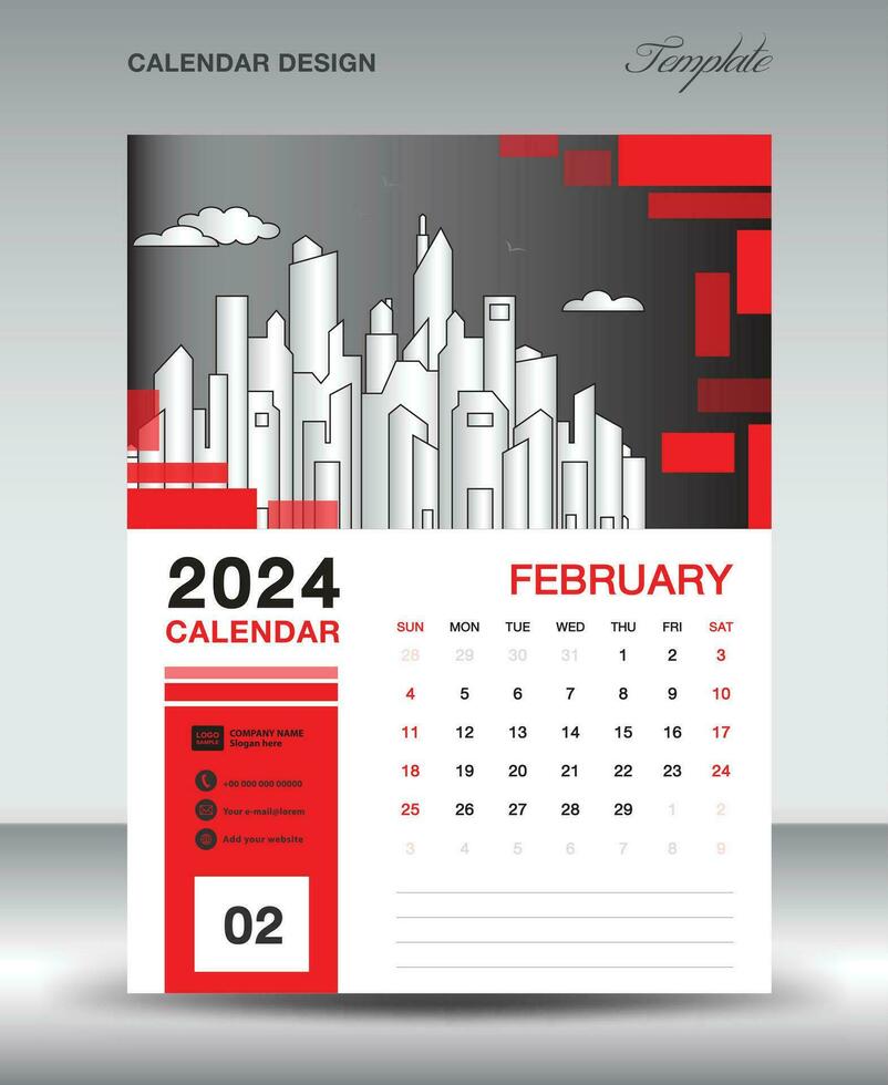 kalender 2024 ontwerp sjabloon- februari 2024 jaar lay-out, verticaal kalender ontwerp, bureau kalender sjabloon, muur kalender 2024 sjabloon, planner, week begint Aan zondag, rood vector