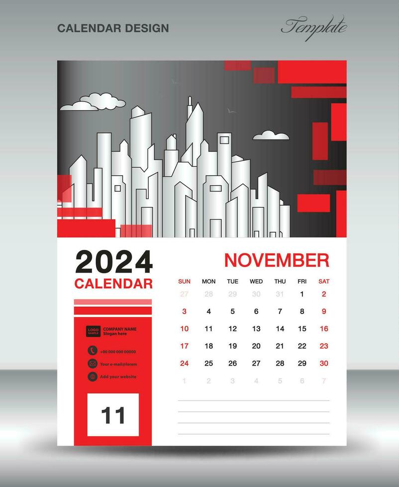 kalender 2024 ontwerp sjabloon- november 2024 jaar lay-out, verticaal kalender ontwerp, bureau kalender sjabloon, muur kalender 2024 sjabloon, planner, week begint Aan zondag, rood vector