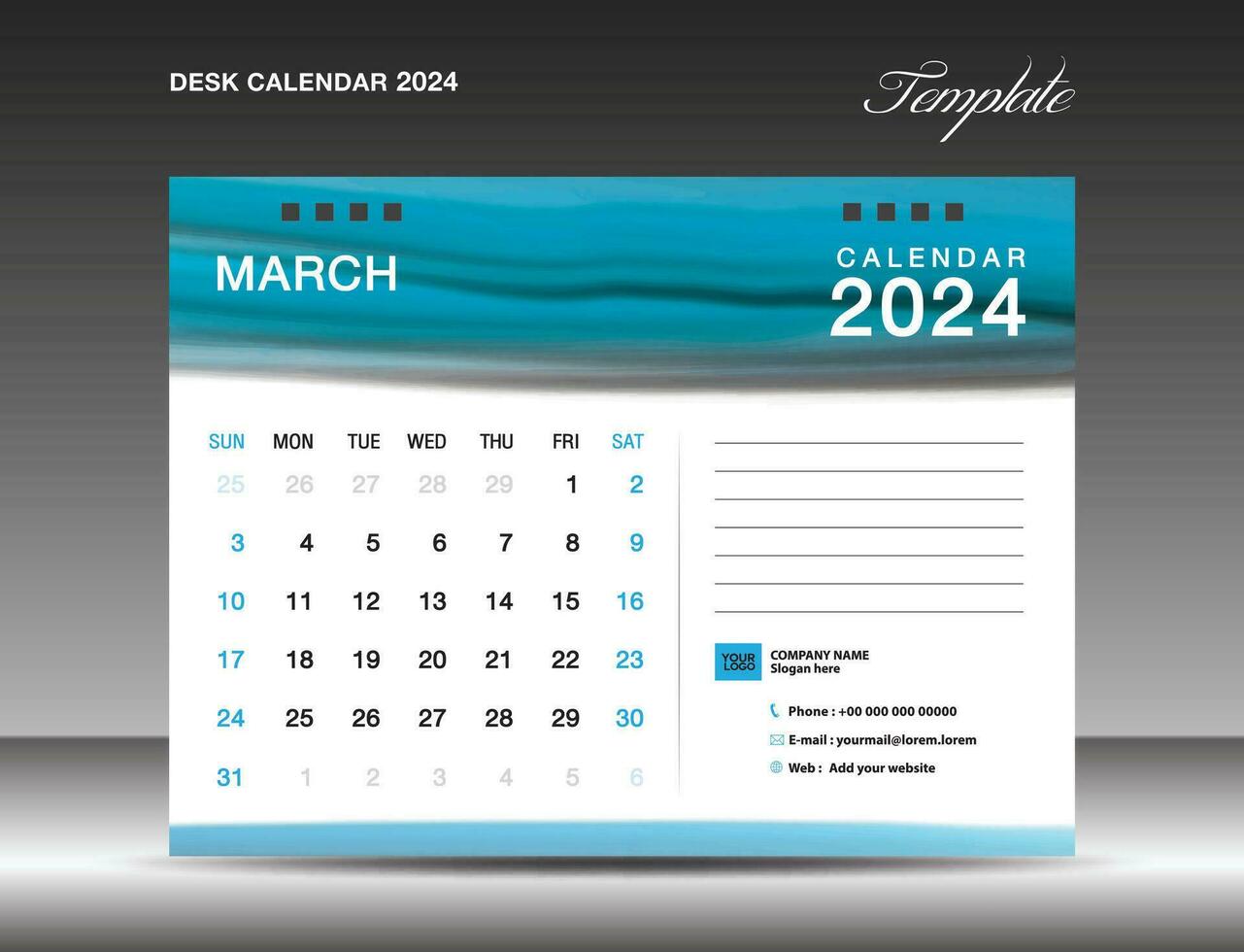 bureau kalender 2024 - maart 2024 sjabloon, kalender 2024 ontwerp sjabloon, planner, gemakkelijk, muur kalender ontwerp, week begint Aan zondag, afdrukken, advertentie, blauw waterverf achtergrond, vector