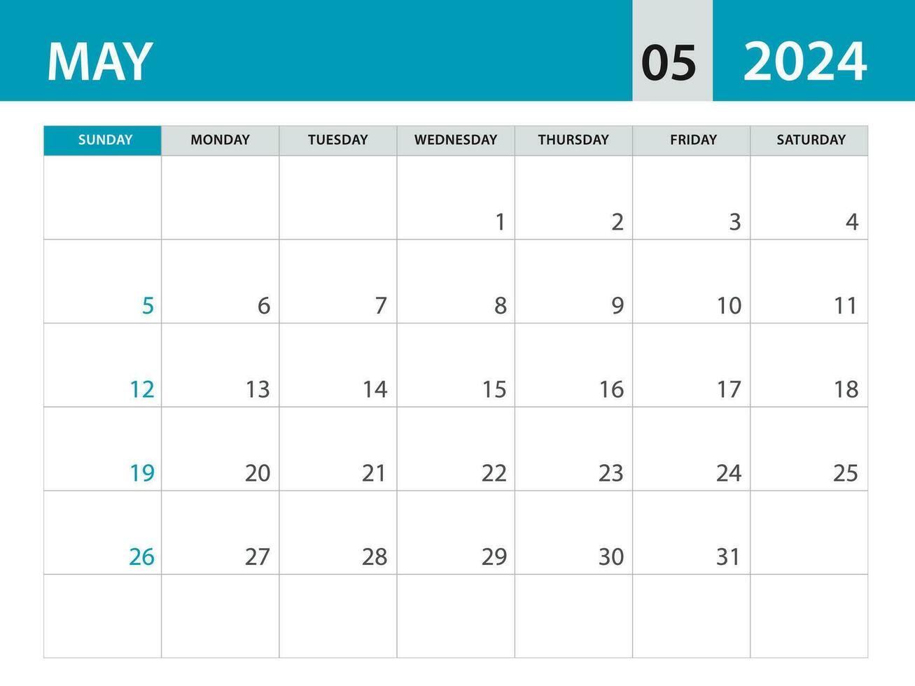 mei 2024 sjabloon - kalender 2024 sjabloon vector, ontwerper maandelijks ontwerp, bureau kalender 2024, muur kalender ontwerp, minimaal stijl, advertentie, poster, het drukken media, blauw horizontaal lay-out vector