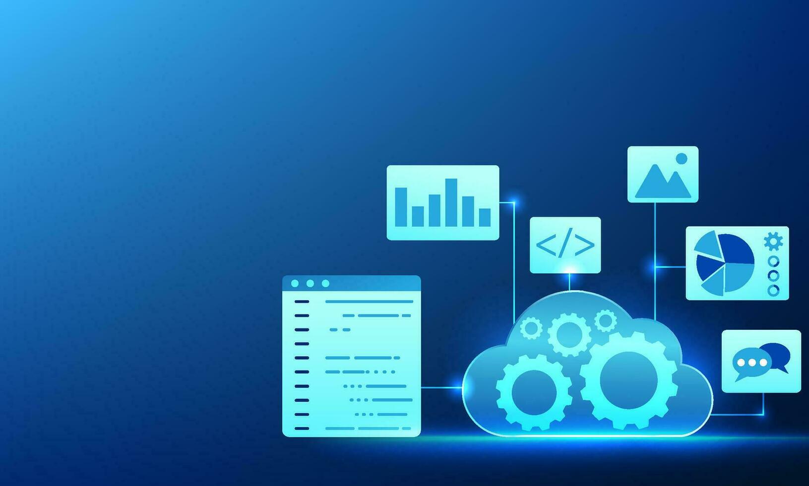 wolk technologie binnen heeft versnellingen langs met een scherm weergeven commando codes, grafieken, en pictogrammen. software verbonden naar de wolk systeem. Daar zijn bestellingen voor industrieel bedrijf werk. vector