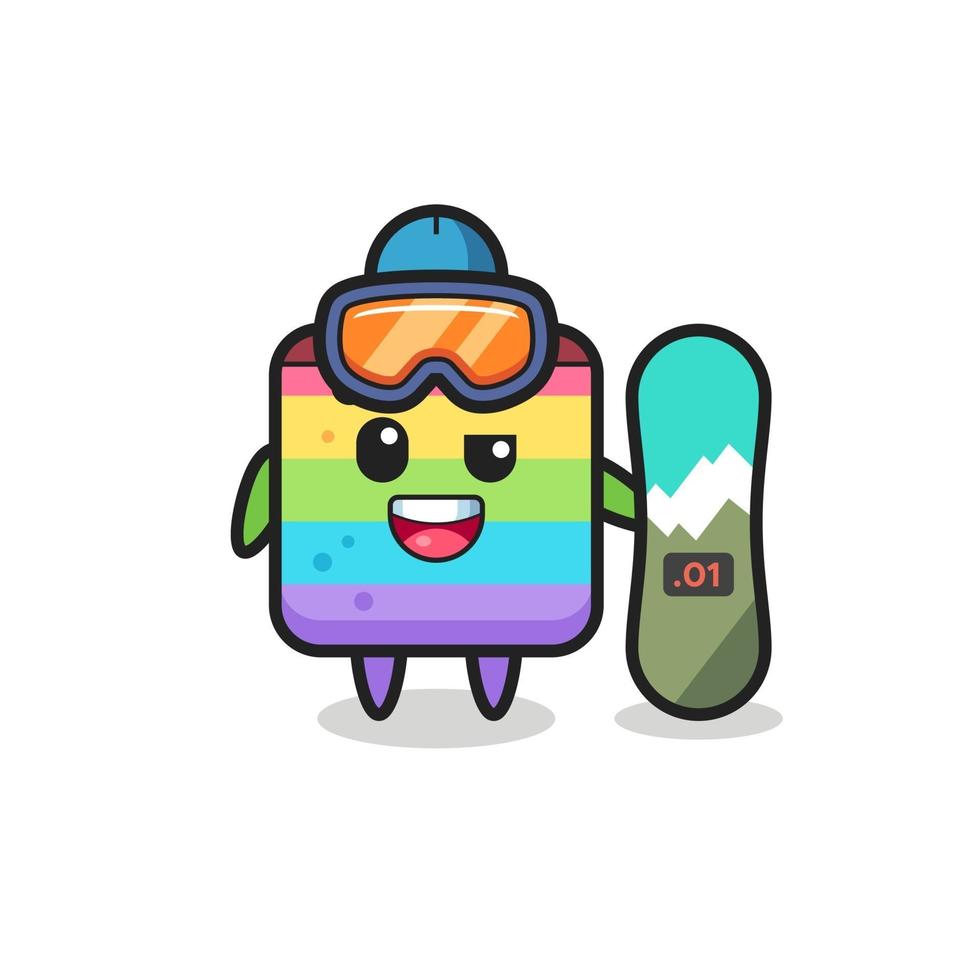 illustratie van regenboogcakekarakter met snowboardstijl vector