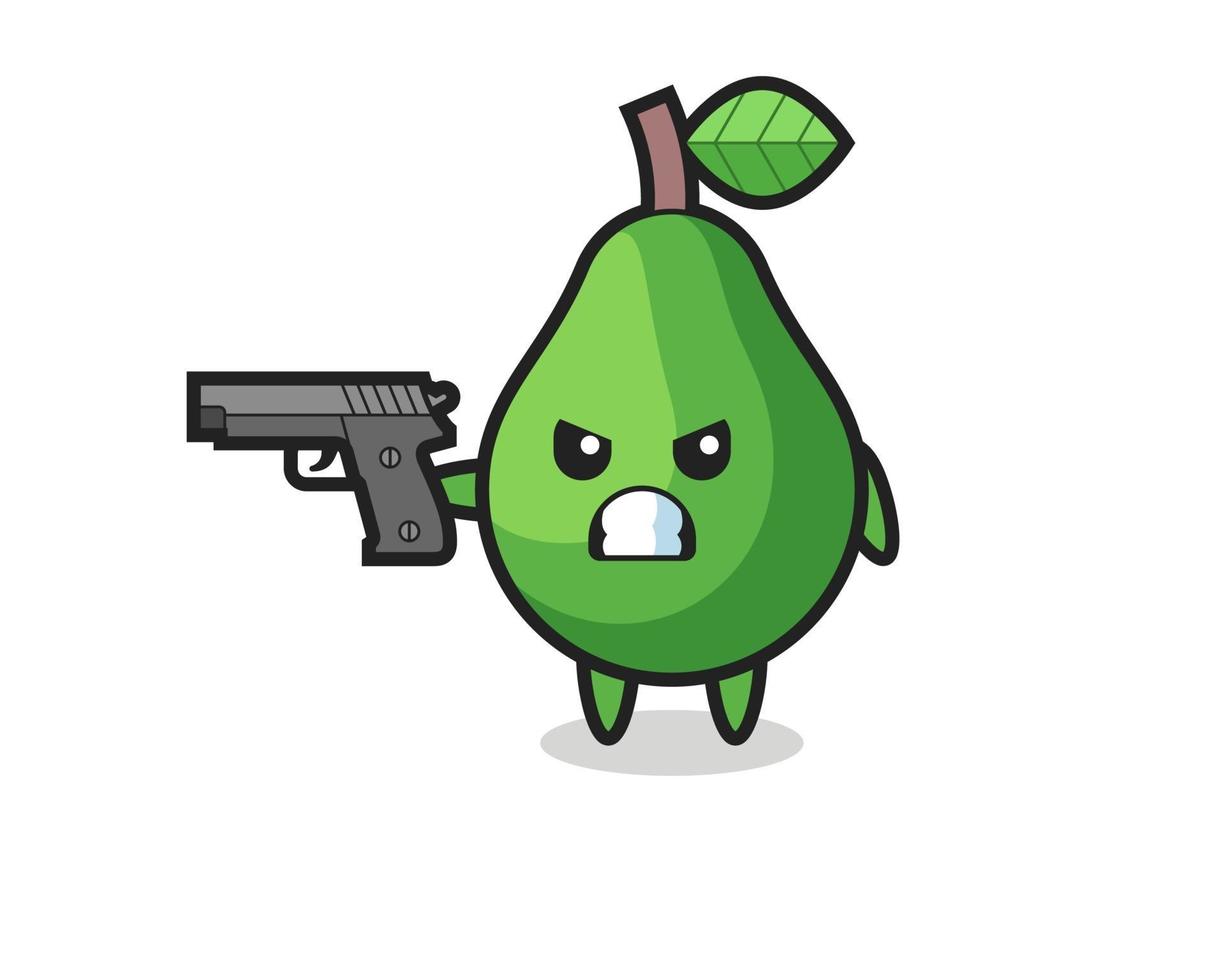 de schattige avocado-personageshoot met een pistool vector