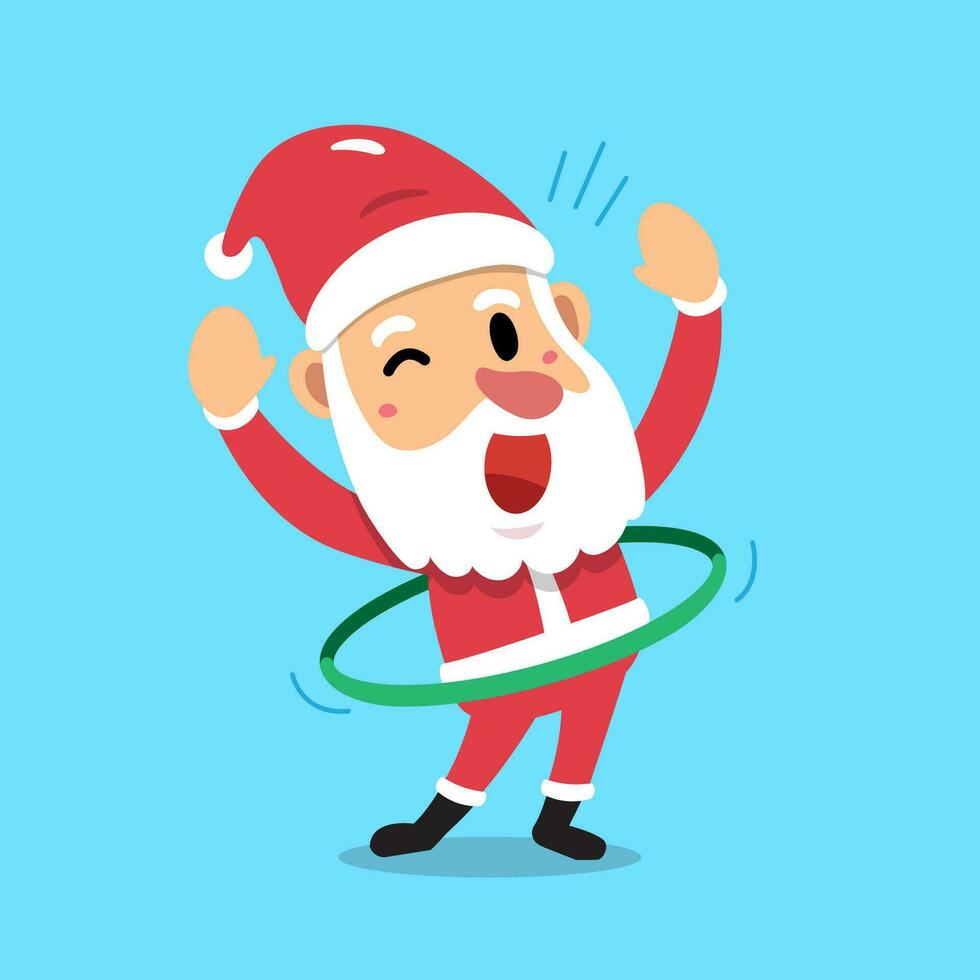 tekenfilm karakter de kerstman claus oefenen met hula hoepel vector
