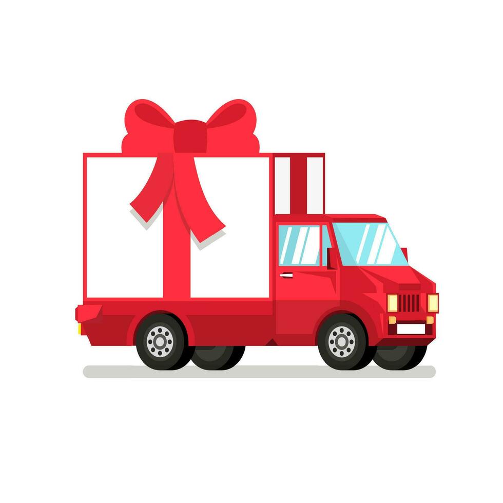 geïsoleerd rood vrachtauto met geschenk doos in voor de helft beurt vector