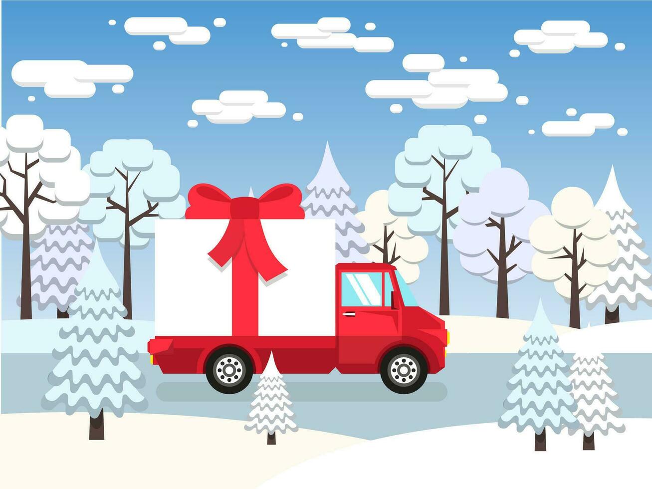 rood vrachtauto draagt tussen winter Woud reusachtig geschenk gebonden met een rood boog vector