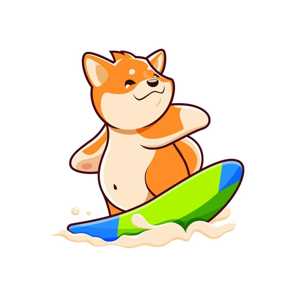 tekenfilm kawaii schattig shiba inu hond surfing in zee vector