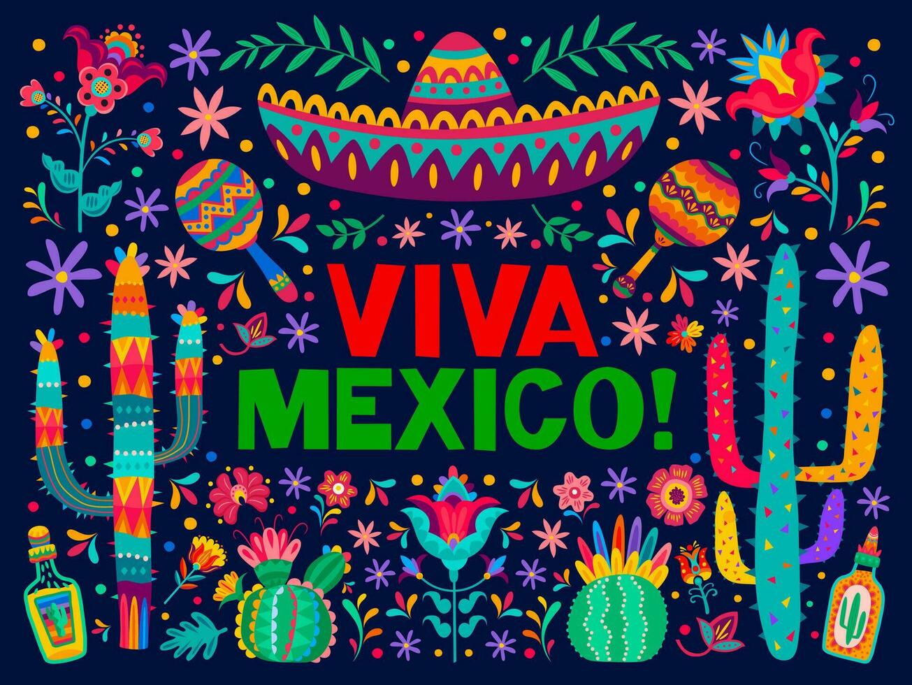 viva Mexico banier met sombrero, cactus, bloemen vector