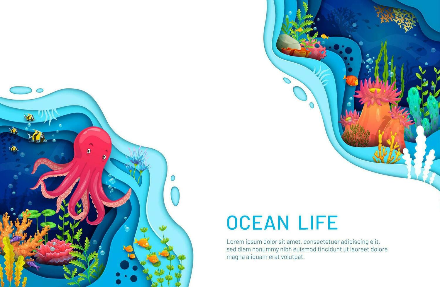 tekenfilm zee papier besnoeiing banier landschap en Octopus vector