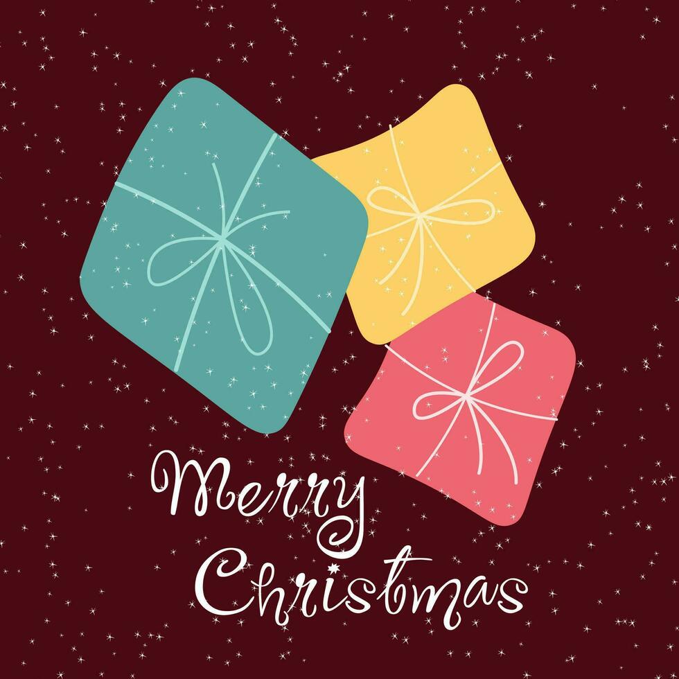 vrolijk Kerstmis en gelukkig nieuw jaar ansichtkaart of poster of folder sjabloon met met Kerstmis cadeaus Aan een rood achtergrond met sneeuw. wijnoogst gestileerd vector illustratie.