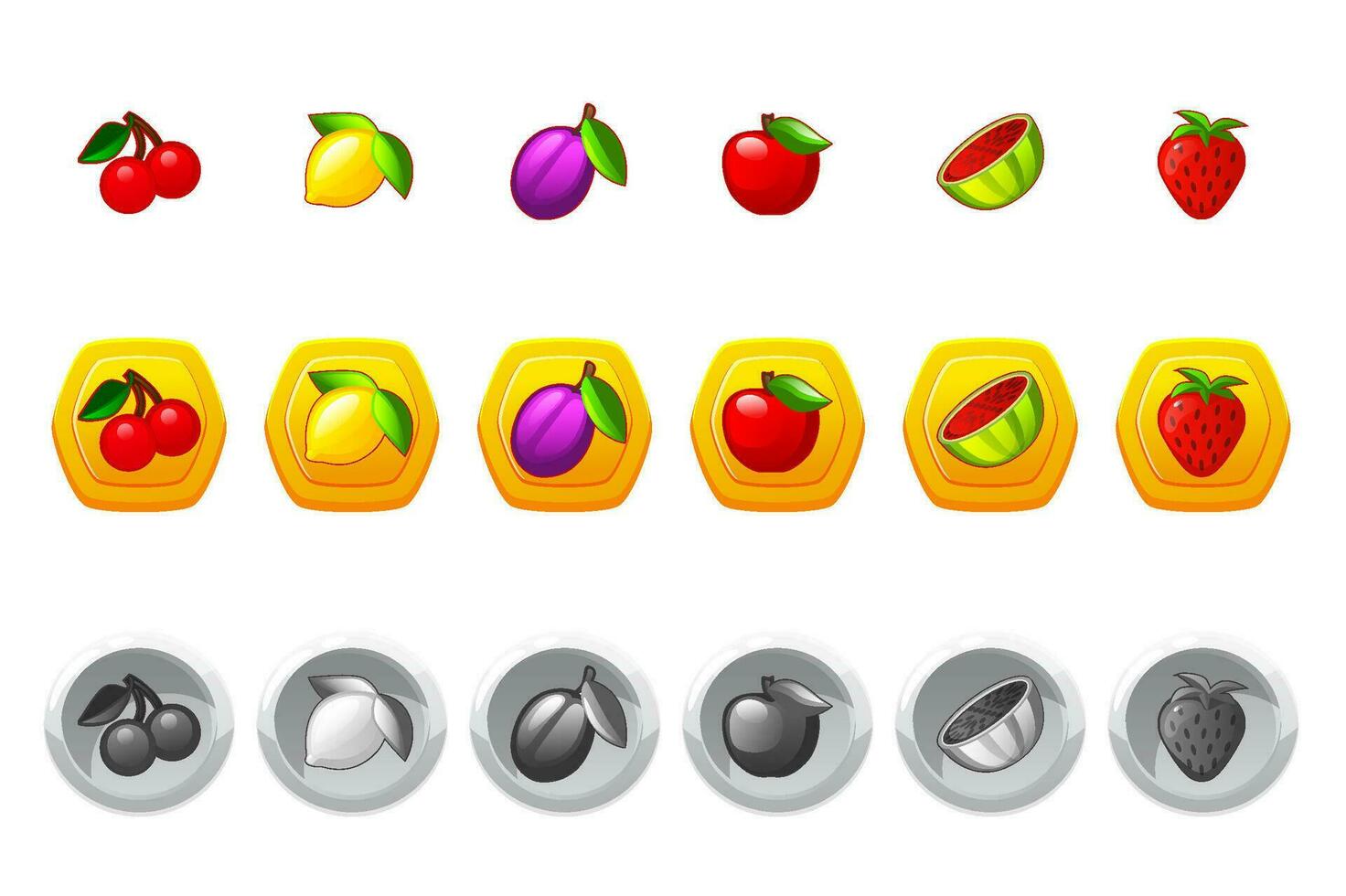 fruit spel pictogrammen voor casino sleuf machine, gokken, loterijen of mobiel puzzel ui elementen. fruit pictogrammen voor sleuf symbolen vector