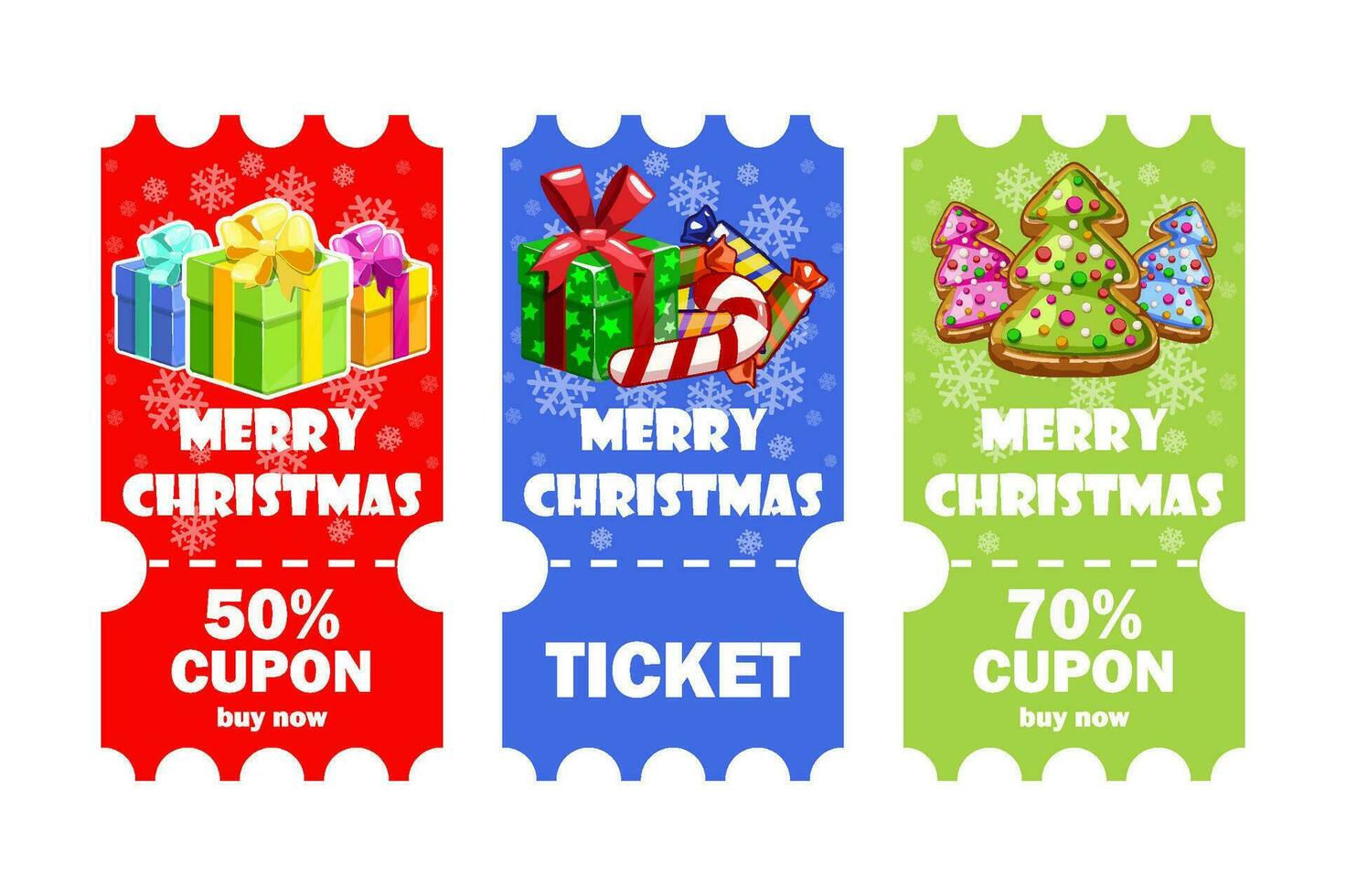 tegoedbon reeks vrolijk Kerstmis geschenk in tekenfilm stijl. nieuw jaar. vector ticket of de coupon.