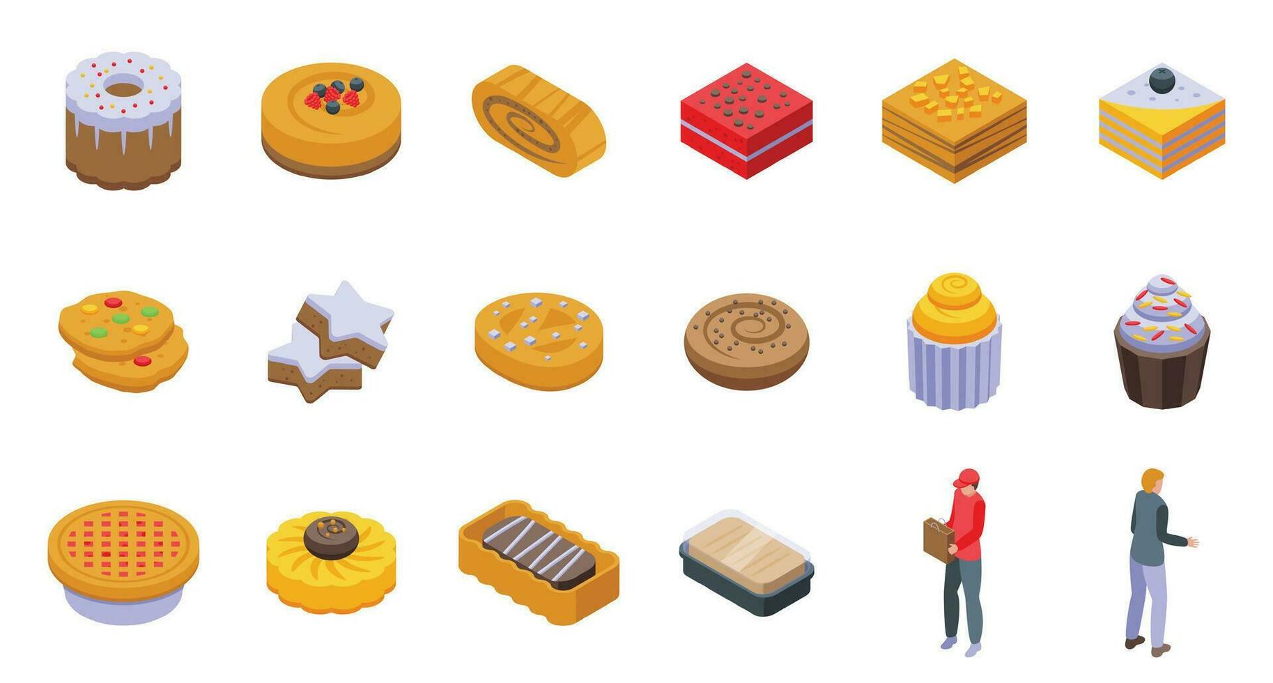 eigengemaakt gebakken goederen levering pictogrammen reeks isometrische vector. chocola voedsel Koken vector