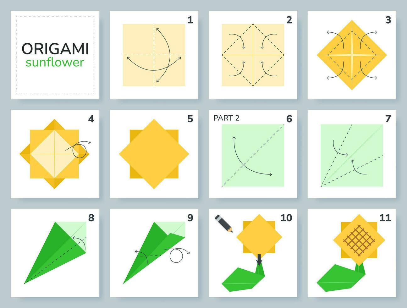 zonnebloem origami regeling zelfstudie in beweging model. origami voor kinderen. stap door stap hoe naar maken een schattig origami bloem. vector illustratie.