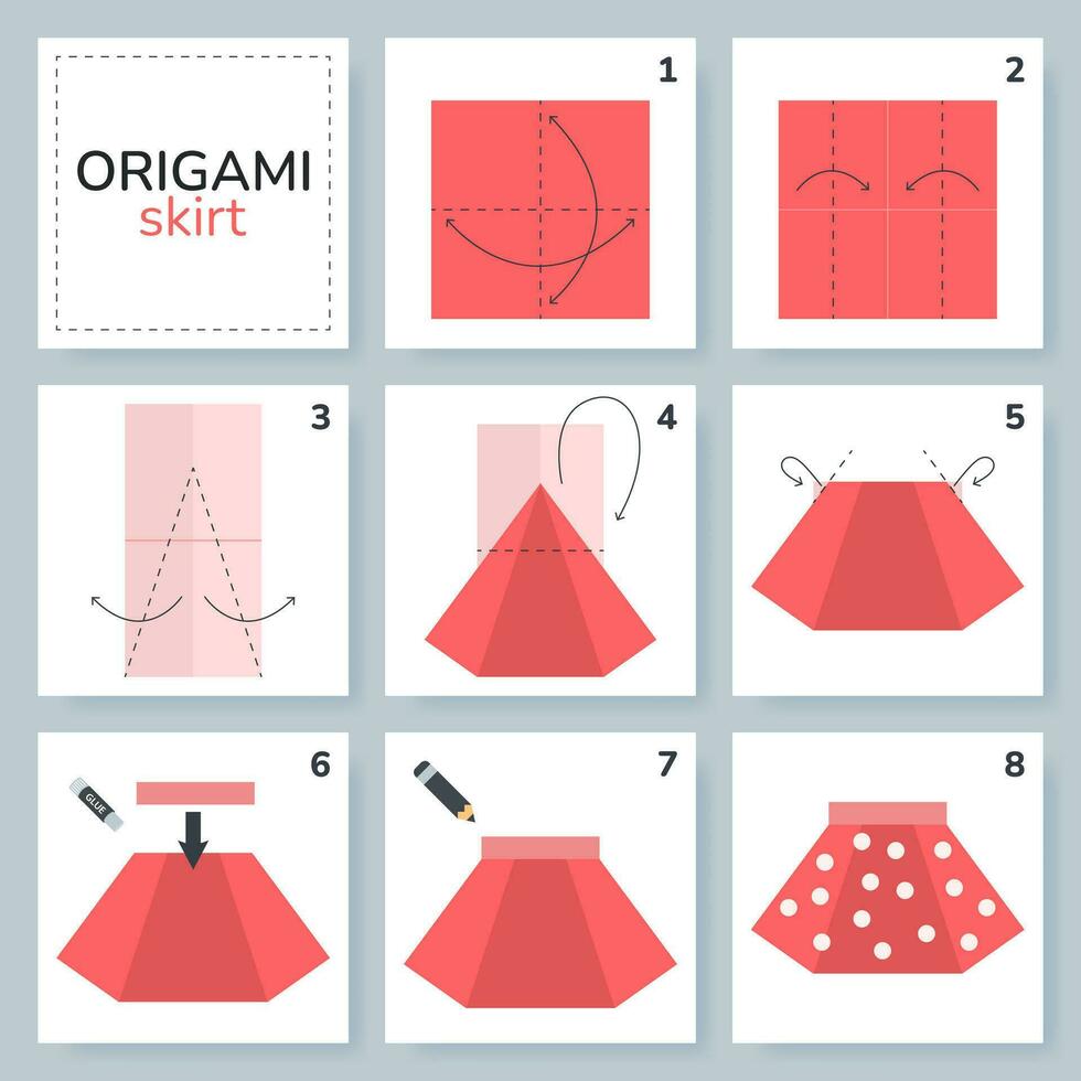 rok origami regeling zelfstudie in beweging model. origami voor kinderen. stap door stap hoe naar maken een schattig origami kleding. vector illustratie.