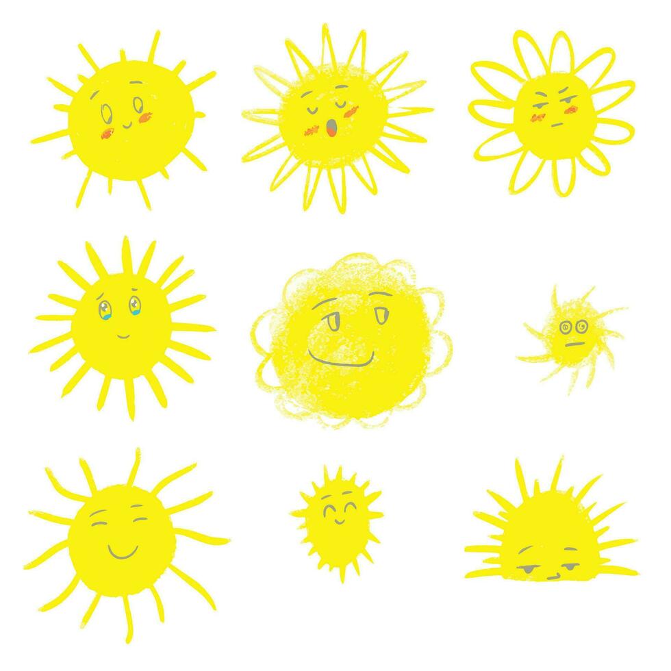 een schattig hand- getrokken verzameling van zomer zonnen vector