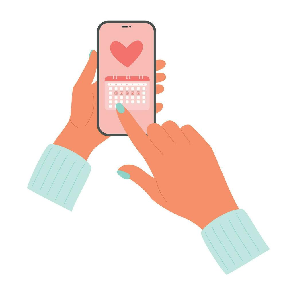 meisje houdt telefoon in hand- met menstruatie kalender volger. menstruatie- fiets. periode app. ovulatie volgen. vector illustratie