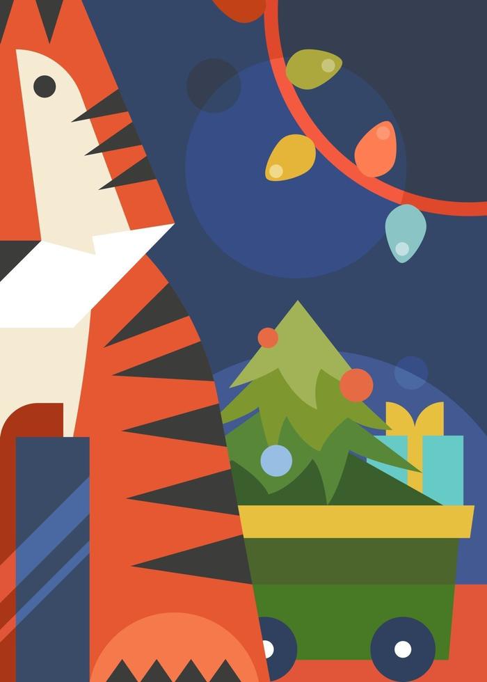 poster met tijger, kerstboom en slinger. vector