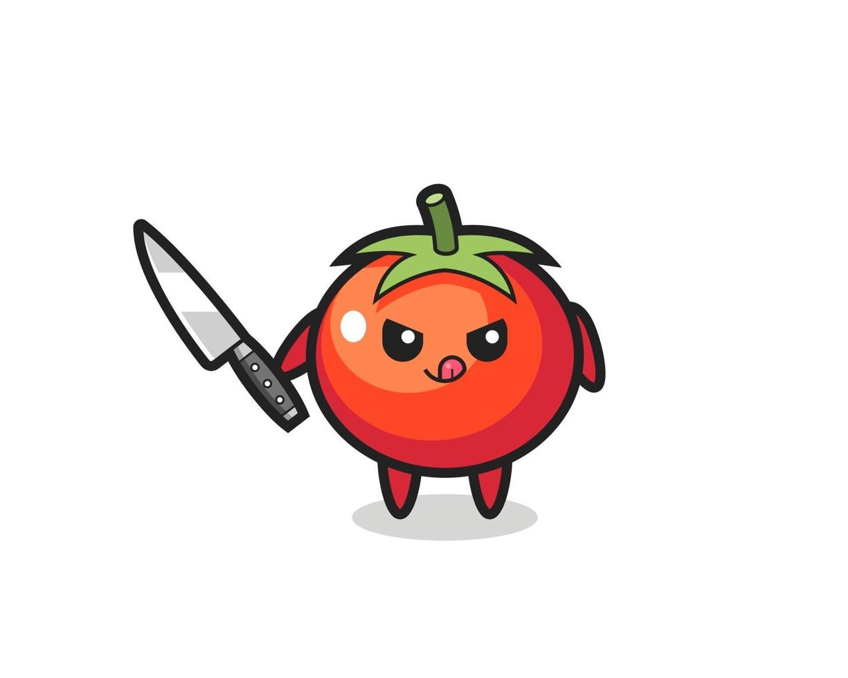 schattige tomatenmascotte als een psychopaat die een mes vasthoudt vector