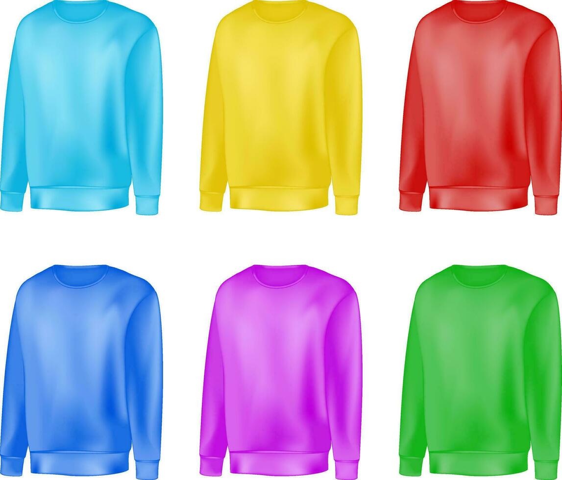 Mens kleding reeks van sweater en raglan trui rood, geel, blauw, groen kleur. mode illustratie van sport- uniform t shirt. blanco vector sjabloon voorkant keer bekeken. geïsoleerd Aan wit achtergrond.