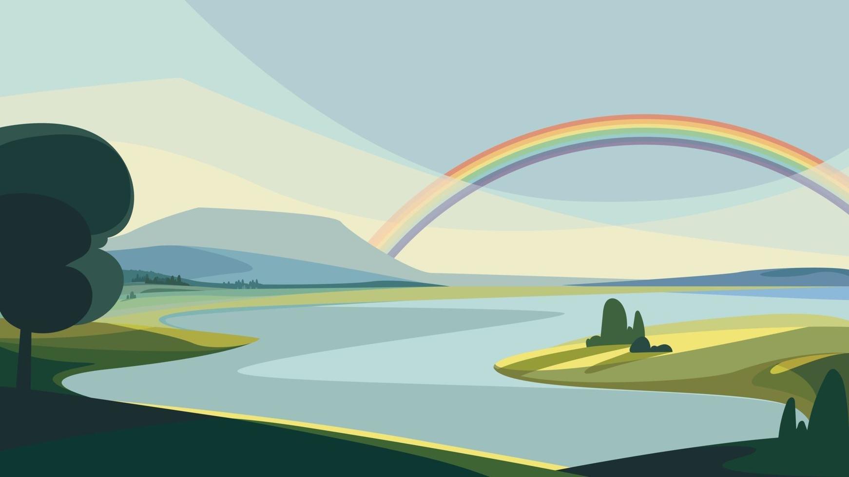 landschap met rivier en regenboog. prachtige natuur. vector