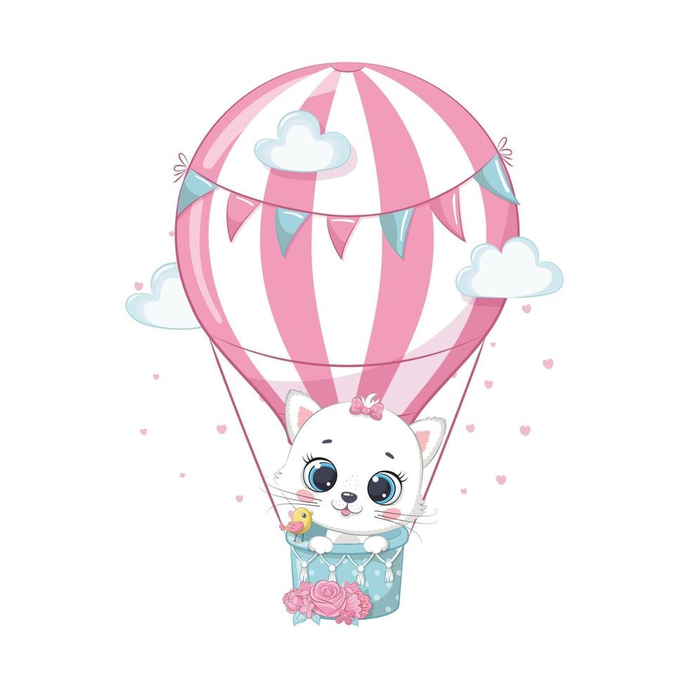 schattig katje op een heteluchtballon. vectorillustratie van een cartoon. vector