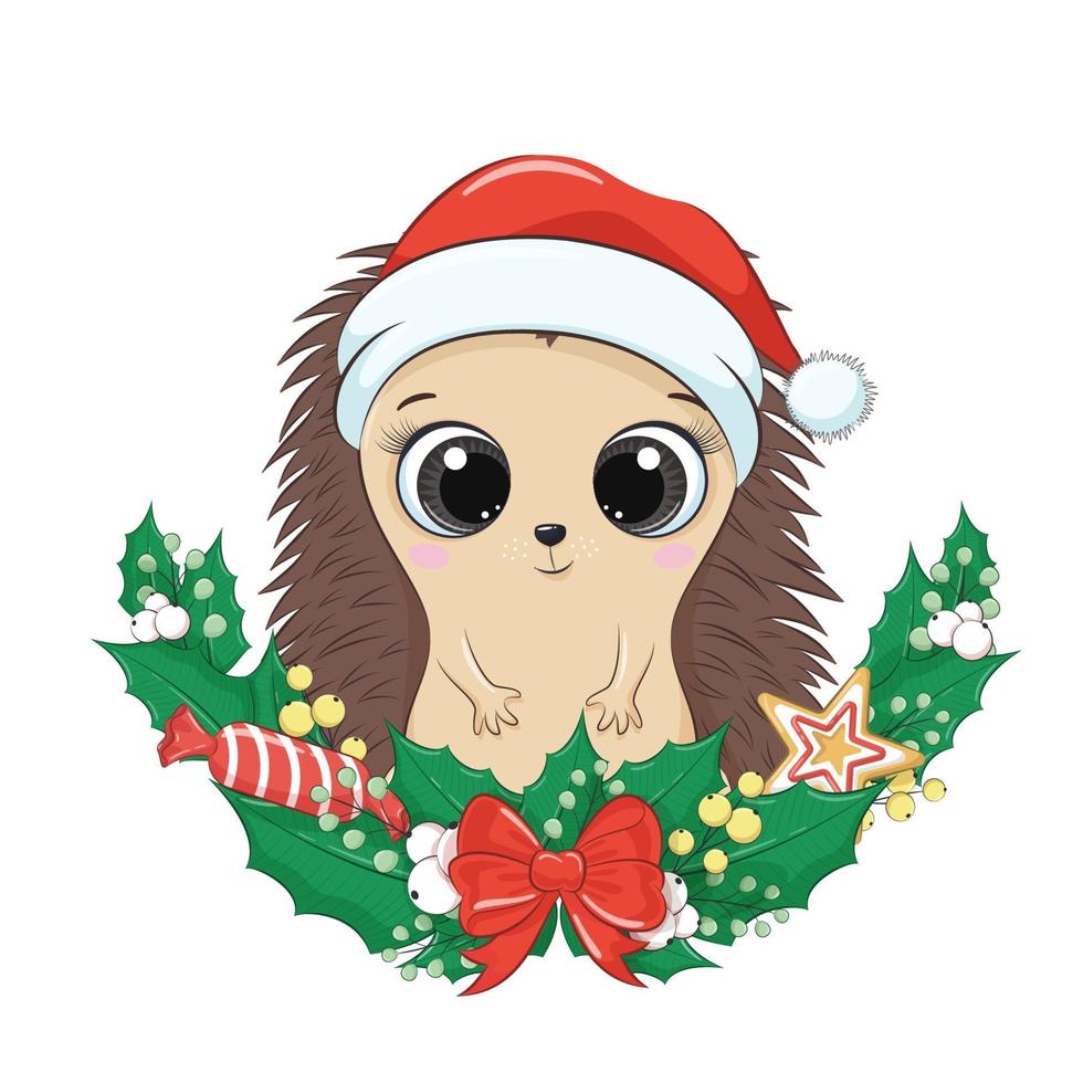 schattige egel met kerstkrans. vectorillustratie. vector