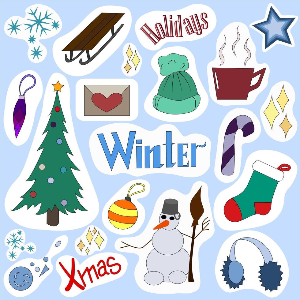 een set stickers voor het winterthema. helder met inscripties vector