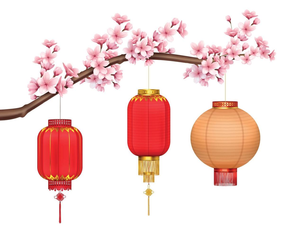 chinese lantaarns op sakura realistische compositie vector