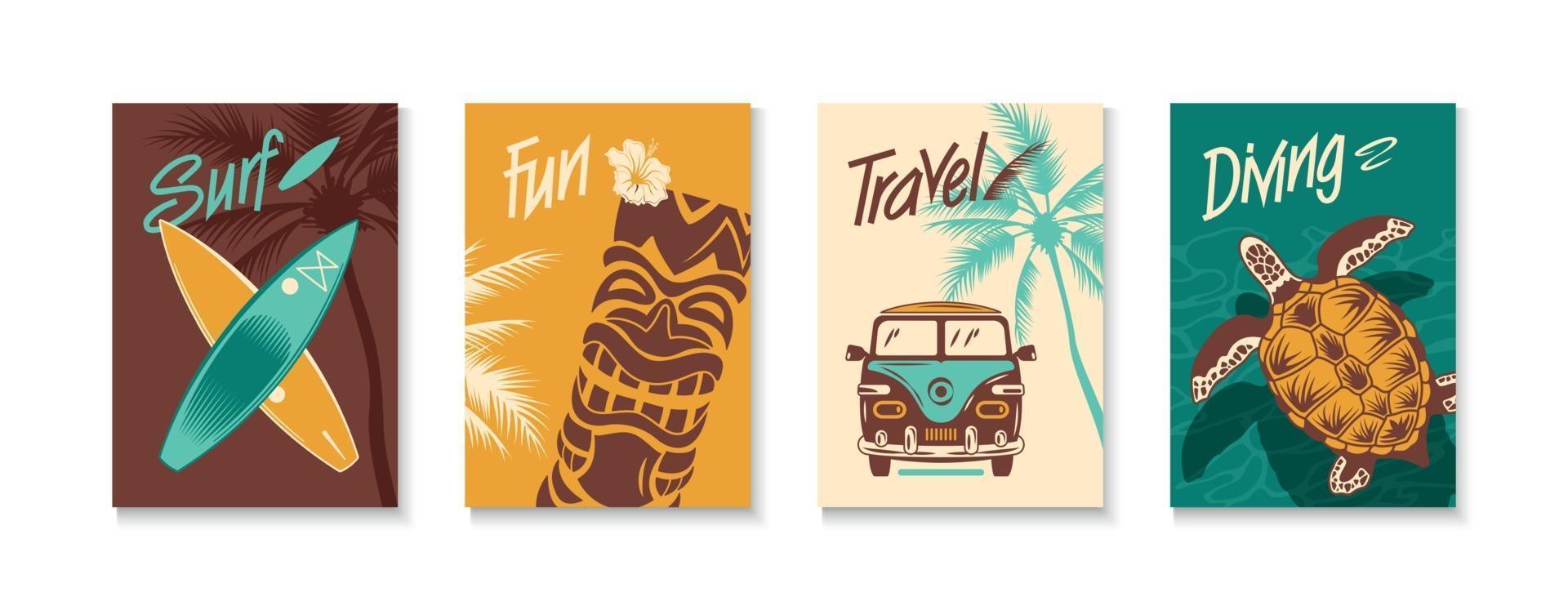 surfen kleur handgetekende poster set vector