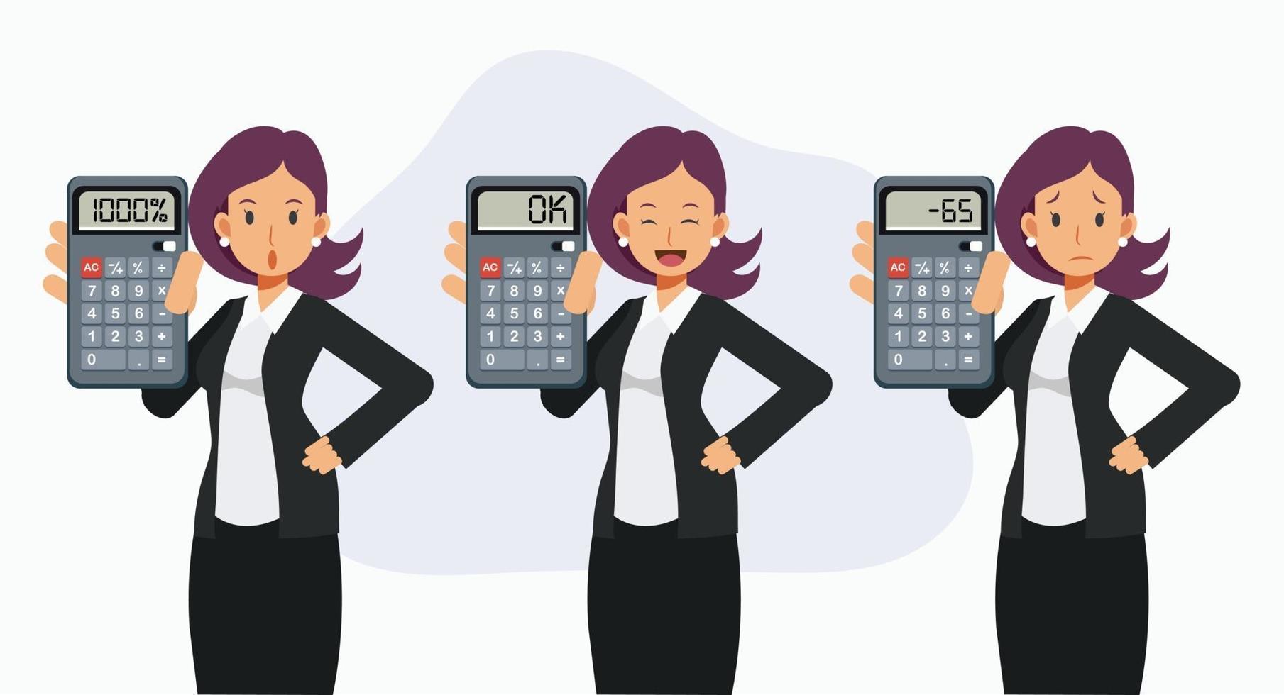 vrouwelijke accountant, zakenvrouw toont resultaat van de berekening vector