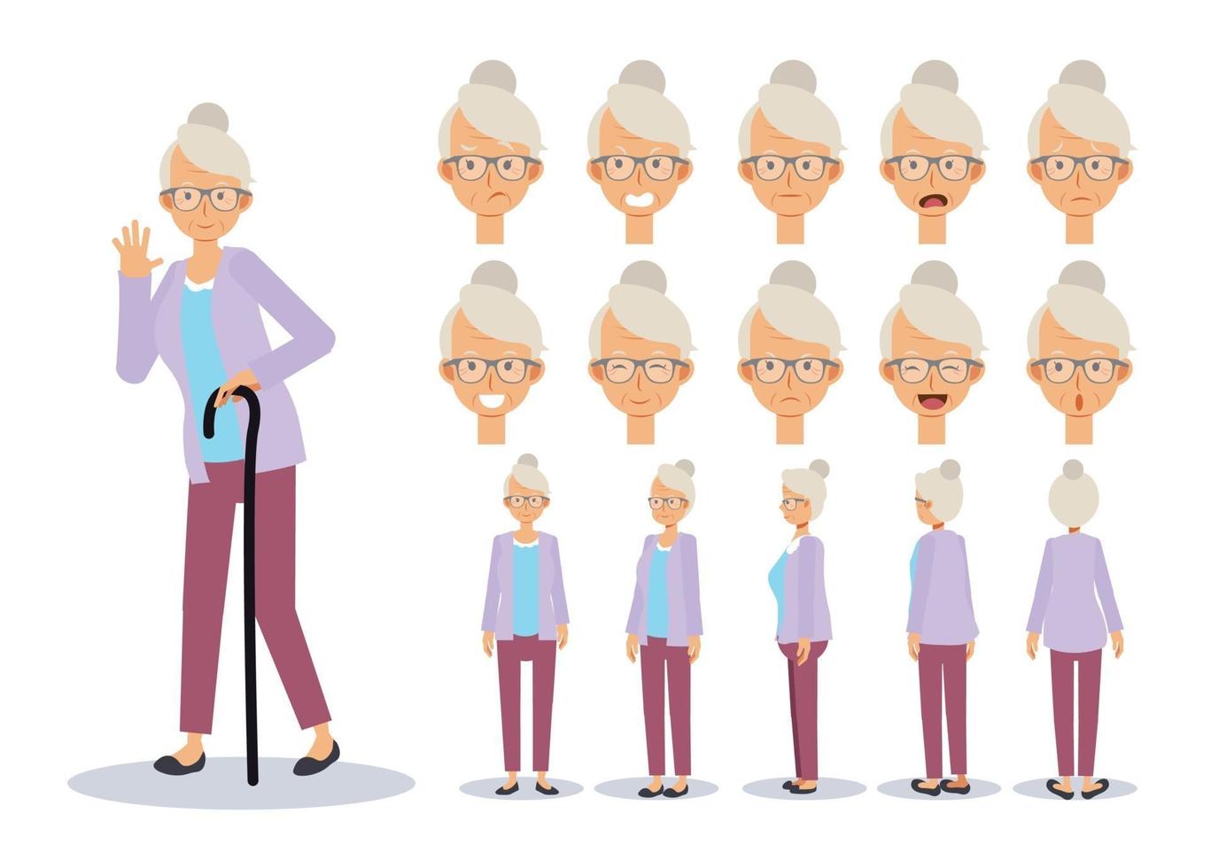 platte vector illustratie set van oude dame in verschillende weergave.