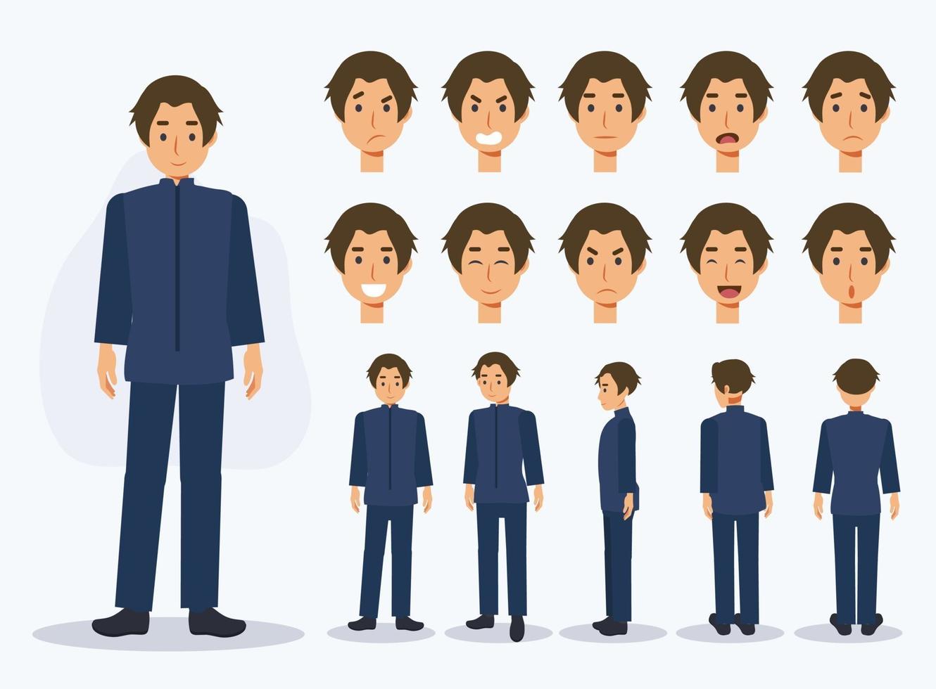 japanse student jongen in uniform met verschillende standpunten. vector