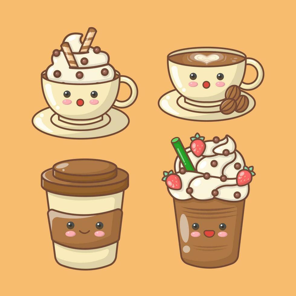 vector hand- getrokken koffie dranken bevroren heet kop latte Kawai schattig illustratie