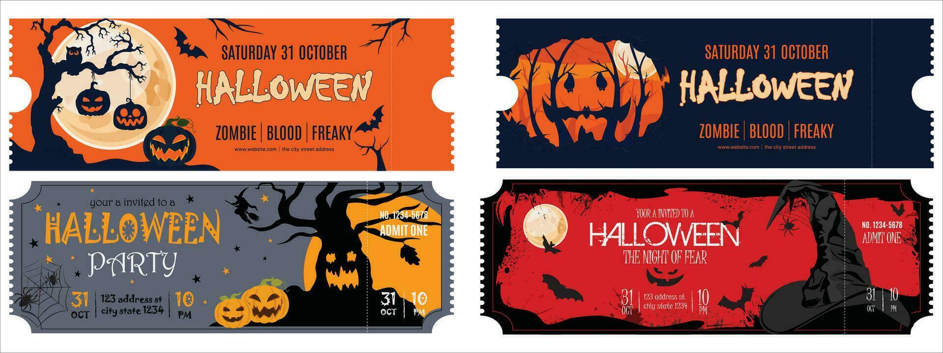 verzameling van divers halloween kaartjes. halloween nacht partij achtergrond met vol maan, halloween kaartjes met pompoenen. verzameling van divers halloween kaartjes vector